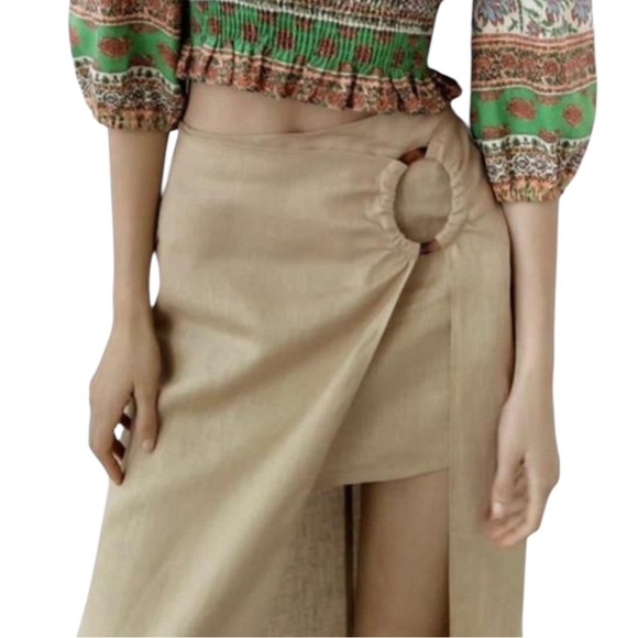 Zara 100% Linen Layered Mini Midi Skirt Tan Size S - Picture 2 of 14